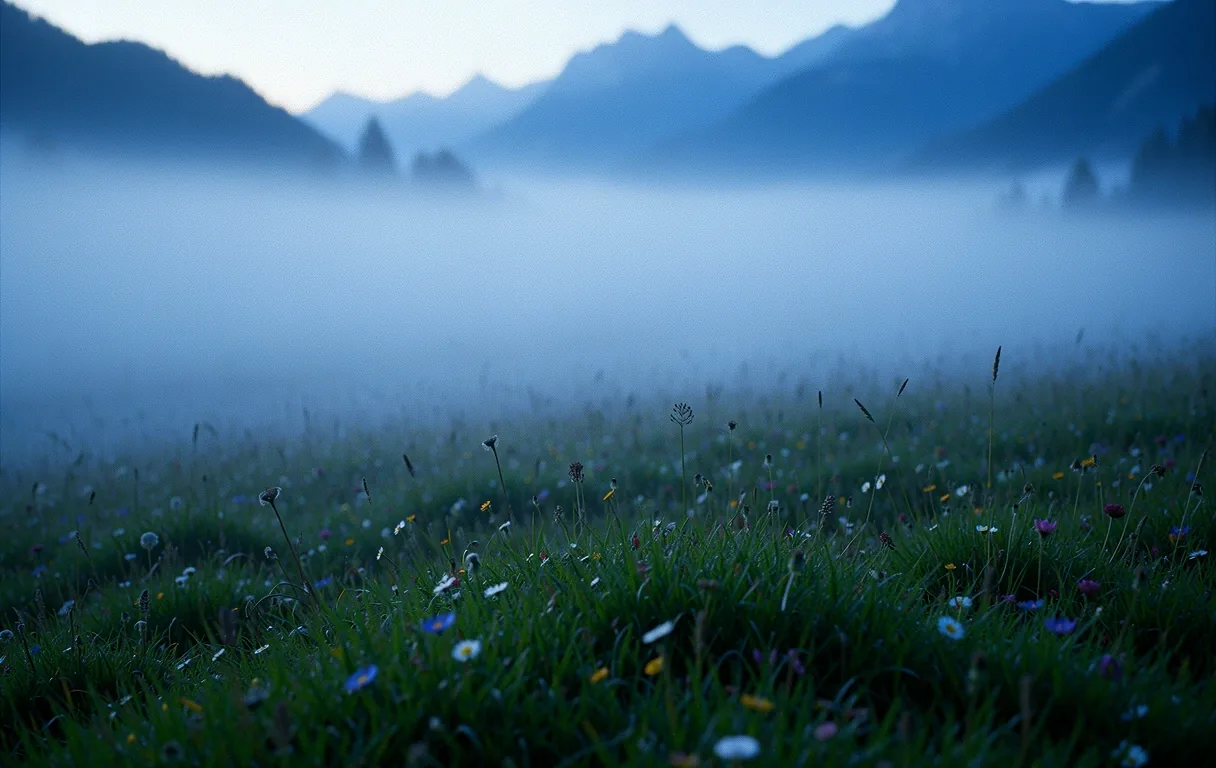 Nebel über alpinen Wiesen